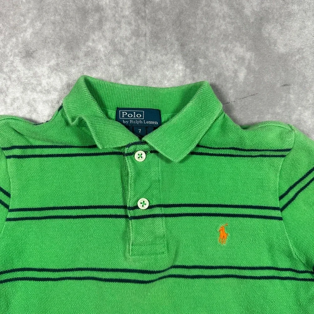 VTG‎ Polo Ralph Lauren Kids Size 7 Green Striped Short Sleeve Polo Orange Pony
